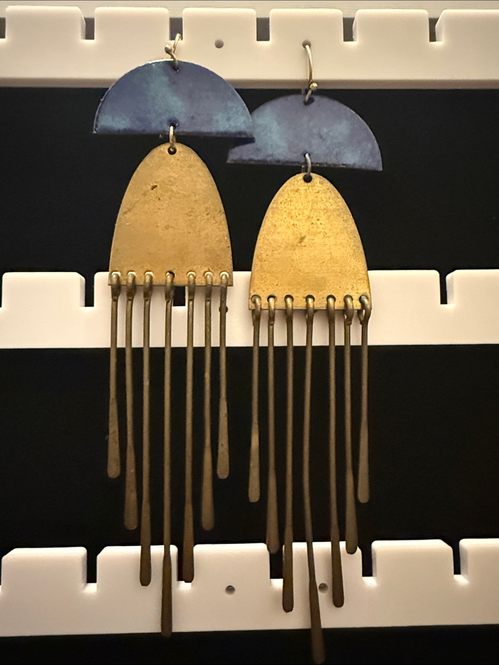Brushed Gold and Blue Fringe Statement Earrings